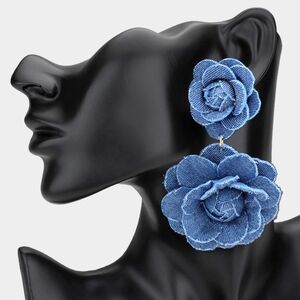 Oversized Double Denim Flower Drop Earrings, Layered Fabric Floral Statement